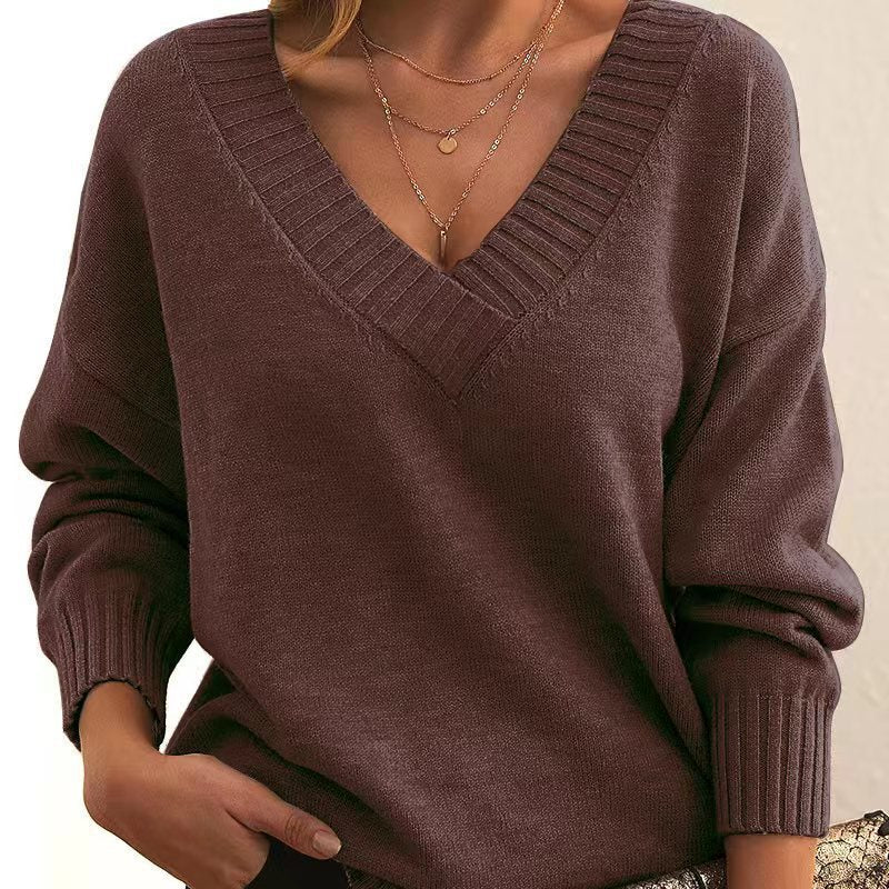 Women's Oversized V-Neck Knit Sweater with Ribbed Cuffs Mune Fashion