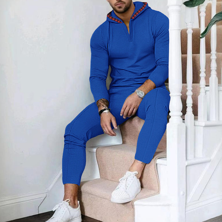 Men's Nano Slim-Fit Waffle Knit Hoodie Set with Half Zip, Contrast Lined Hood and Tapered Jogging Pants Mune Fashion