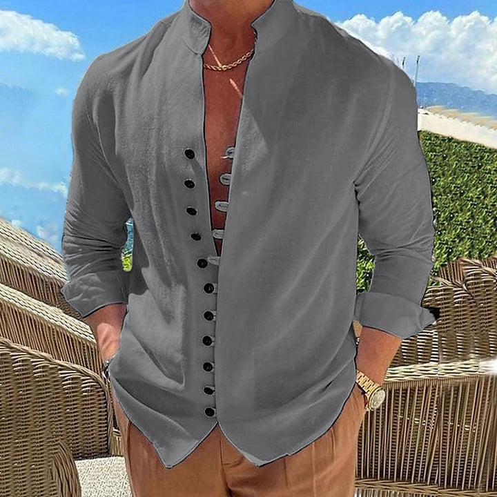 Men's linen look summer casual shirt with stand-up collar, decorative button placket, and roll-up sleeves Mune Fashion