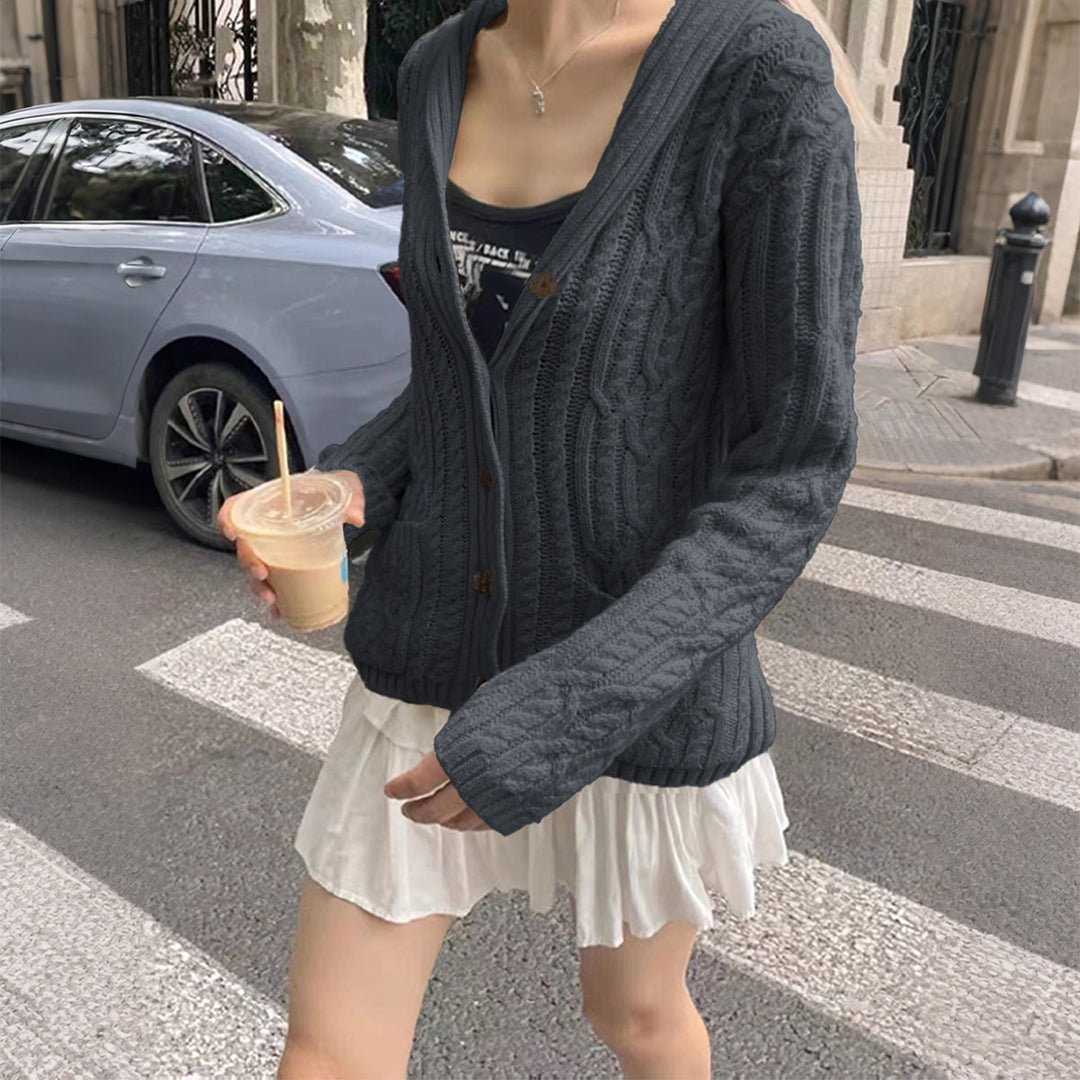 Women's hooded knitted cardigan with cable pattern, shawl collar, and wooden buttons Mune Fashion