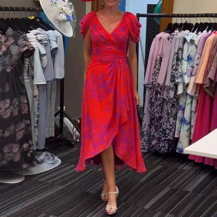 Women's wrap midi dress with ruched bodice, puff sleeves, and asymmetric waterfall hem Mune Fashion