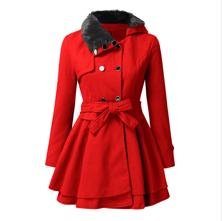Women's Tailored Wool Mix Coat with Flared Skirt and Faux Fur Collar Mune Fashion