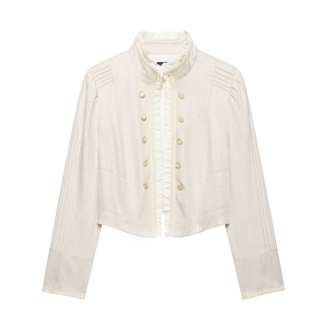 Women's cropped jacket made of linen blend with stand-up collar, decorative button placket and ruffle detail Drune