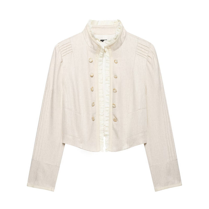 Women's cropped jacket made of linen blend with stand-up collar, decorative button placket and ruffle detail Drune