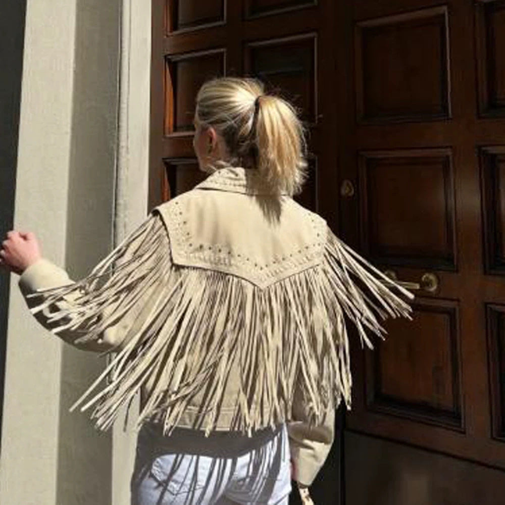 Women's Short Fringe Suede Jacket in Western Style with Decorative Stitches and Studs Mune Fashion