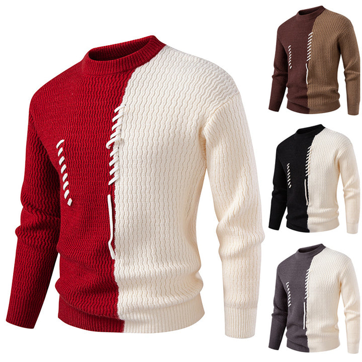 Men's two-tone structured knit sweater with decorative band detail and round neck Mune Fashion