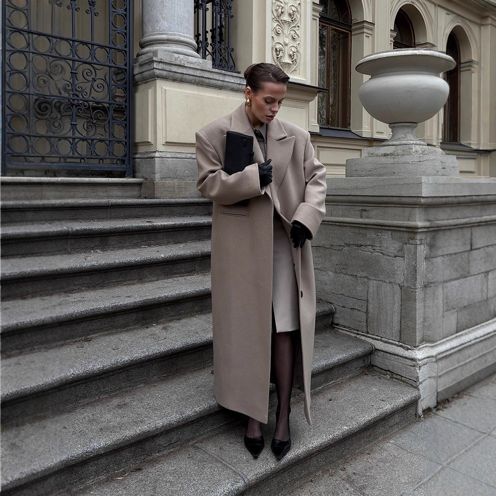 Women Maxilength Clean-Cut Wool Blend Coat with Oversized Lapels and Straight Silhouette Mune Fashion