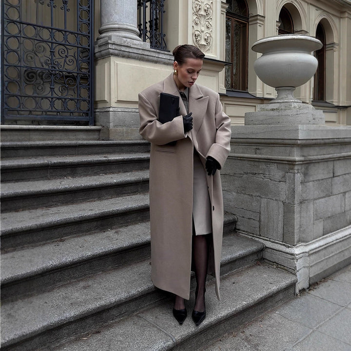 Women Maxilength Clean-Cut Wool Blend Coat with Oversized Lapels and Straight Silhouette Mune Fashion