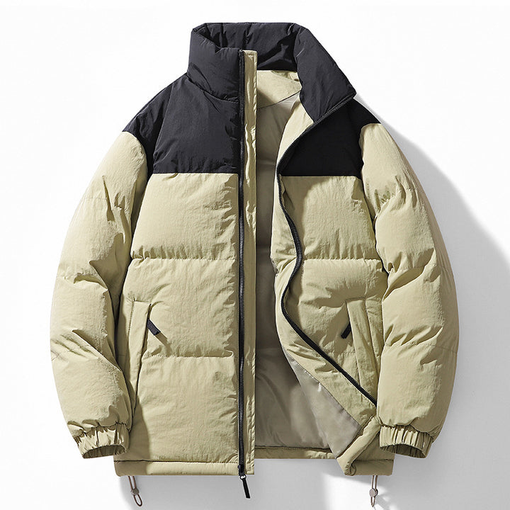 Men's Padded Quilted Jacket with High Collar, Drawstring Hem and Contrast Panel Mune Fashion