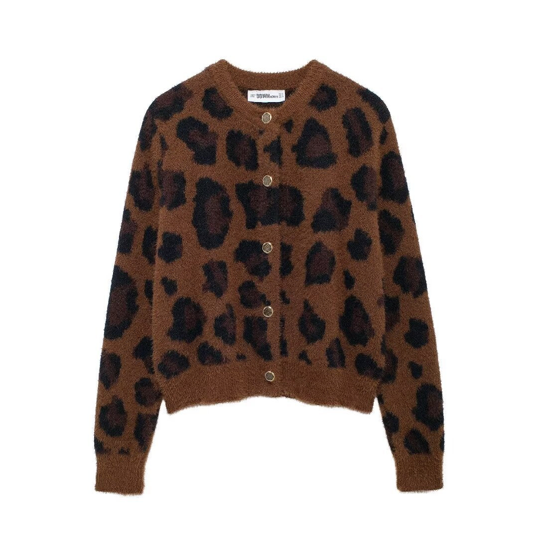 Women's cozy cardigan with leopard pattern, round neck and continuous button placket Mune Fashion