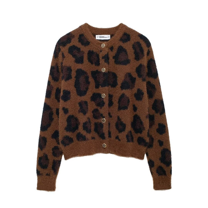 Women's cozy cardigan with leopard pattern, round neck and continuous button placket Mune Fashion