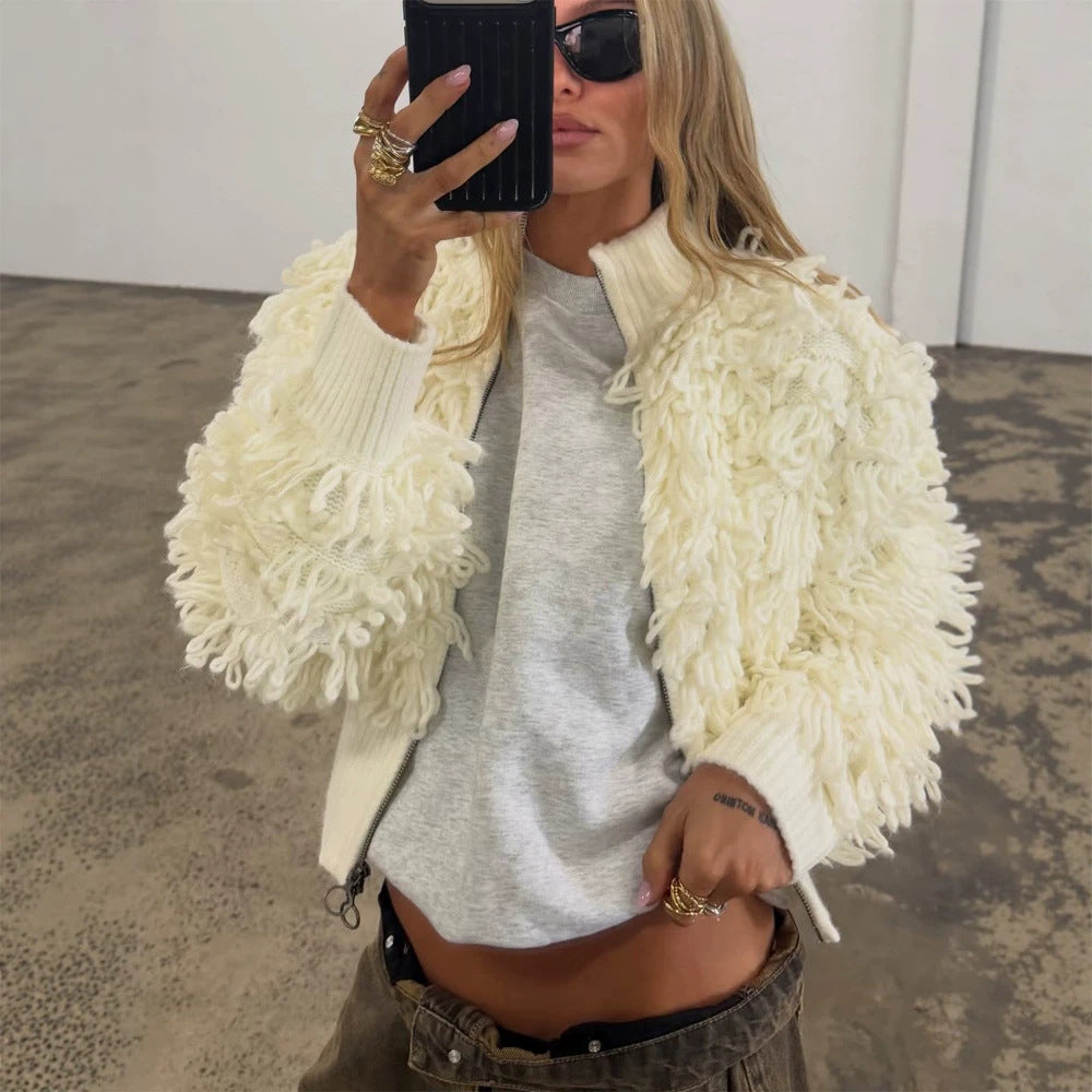 Women's short cardigan with fluffy bouclé look, zipper and wide ribbed hem Mune Fashion