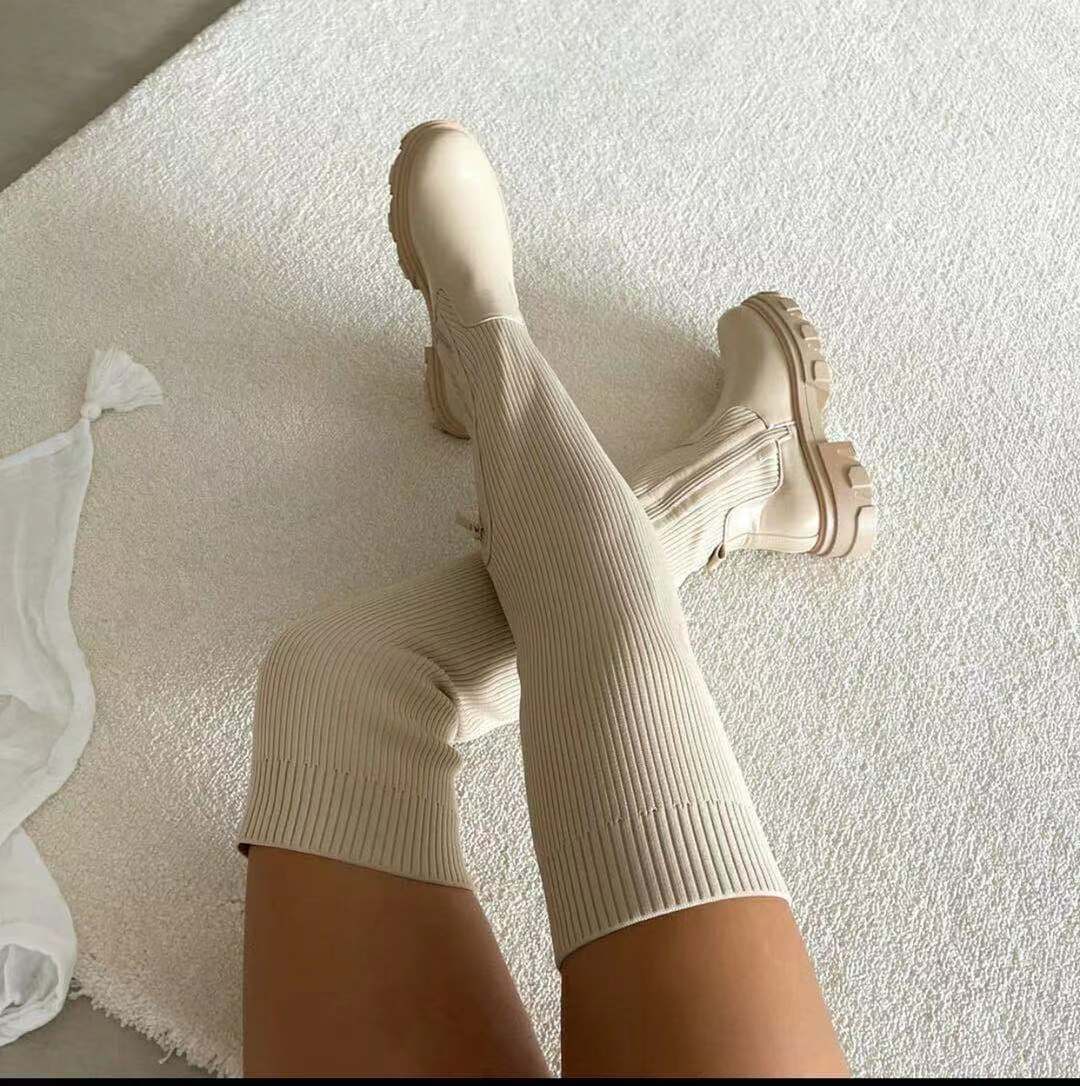 Ladies over-the-knee boots with elastic knit shaft, side zipper, and robust profile sole Mune Fashion
