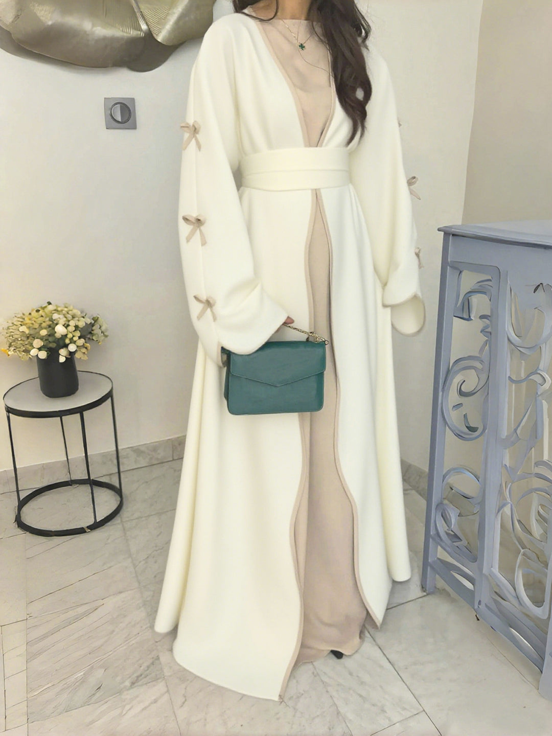 Women's elegant Abaya-Kaftan with wide trumpet sleeves, contrasting yoke and wrap belt Mune Fashion