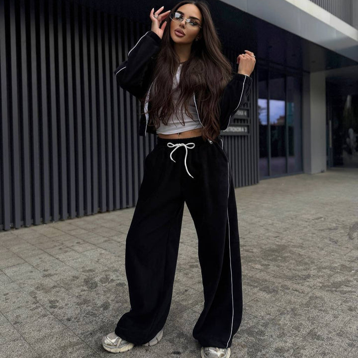 Women's Cropped Zip Fleece Set with Tailored Drawstring and Wide Pant Leg Mune Fashion