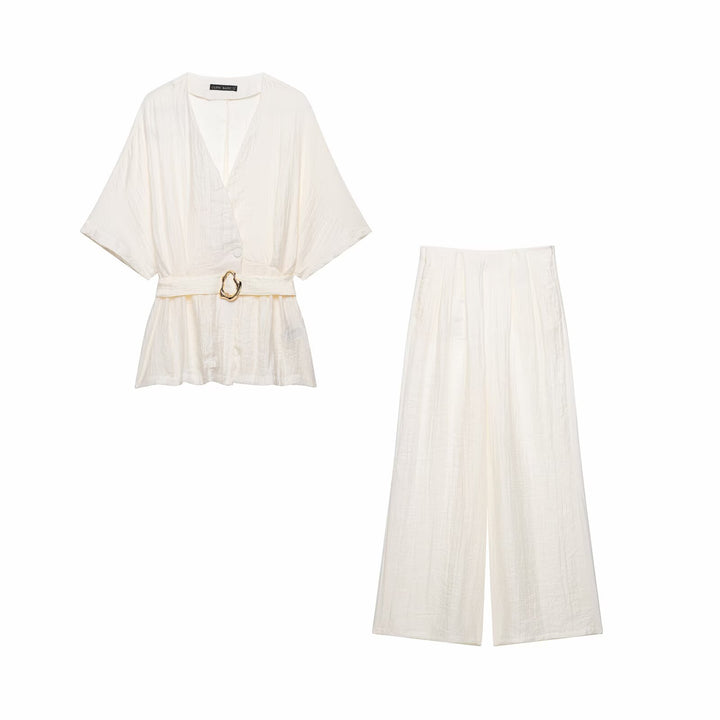 Ladies two-piece kimono top with waist belt and wide pleated pants Mune Fashion