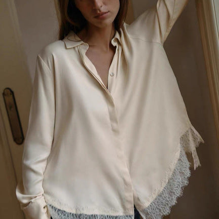 Women's Oversize blouse with concealed button placket and lace finish Mune Fashion