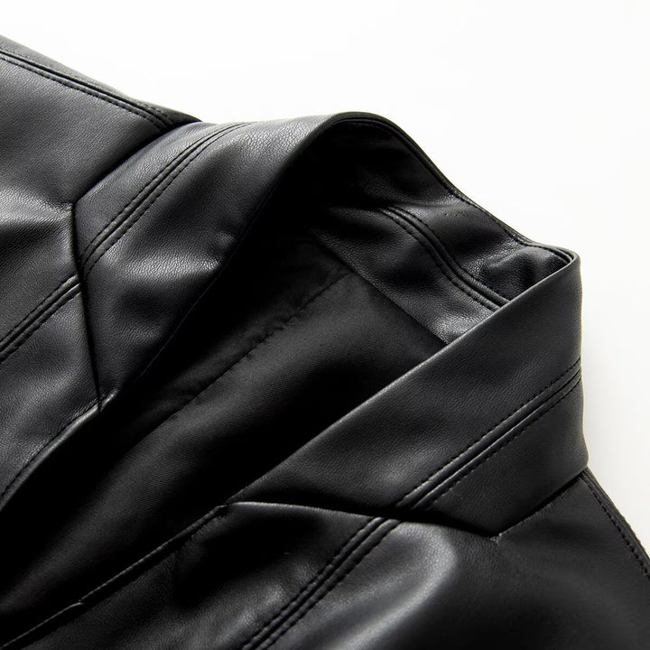 Women Faux Leather Blazer in Oversized Cut with Wrap Look and Tailored Decorative Buttons Mune Fashion