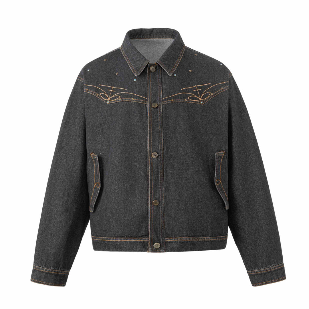 Unisex Boxy-Jeans Jacket with Star Embroidery and Decorative Studs Mune Fashion