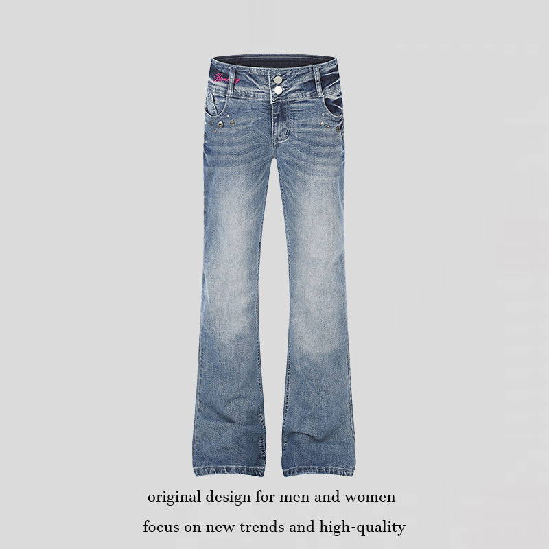 Women's High-Waist Flared Jeans with Wide Leg, Double Button and Stud Detail Mune Fashion