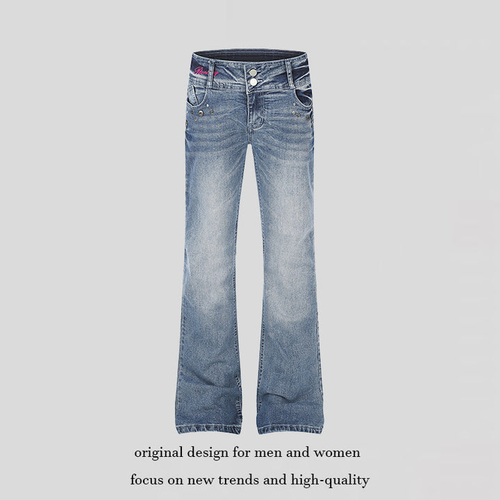 Women's High-Waist Flared Jeans with Wide Leg, Double Button and Stud Detail Mune Fashion