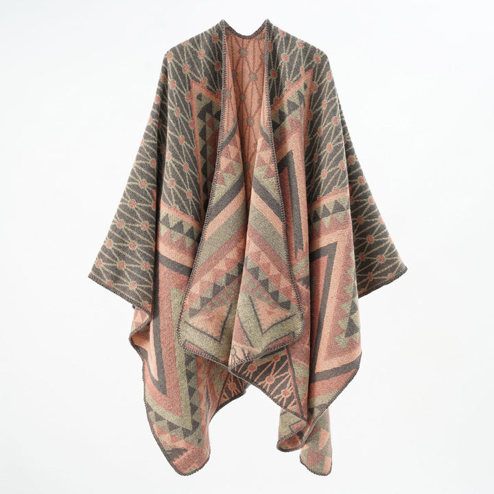 Women Structured Jacquard Poncho Overlay with Graphic Ethno Pattern and Open Kimono Fall Mune Fashion