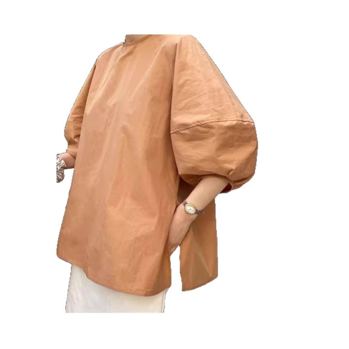 Women's Loose Cotton Blouse with 3/4 Balloon Sleeves and Rounded Hem Mune Fashion