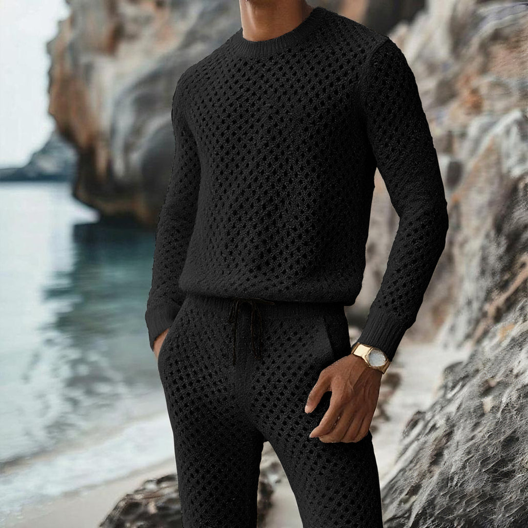 Men's textured knit sweater with finely knitted openwork pattern and round neck Mune Fashion