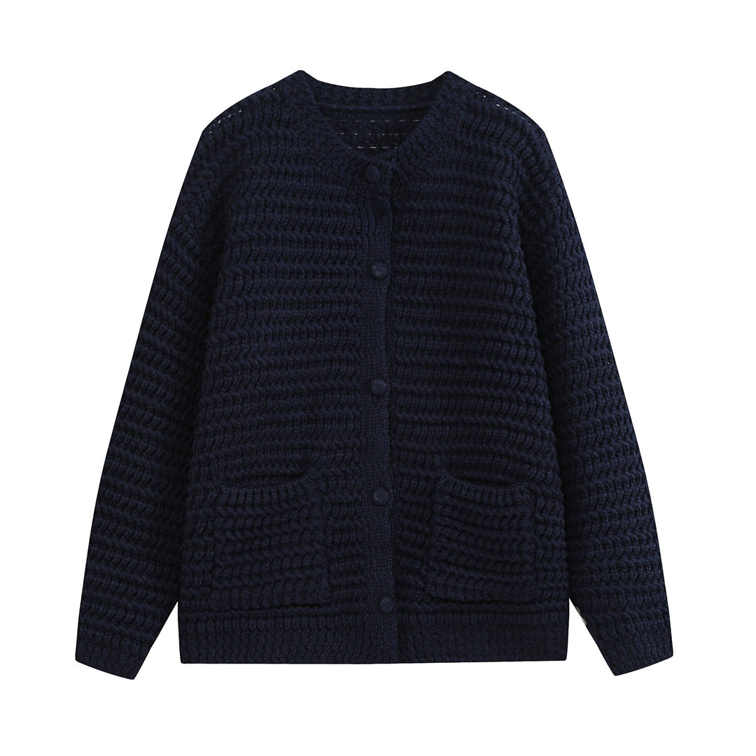 Women's Chunky Knit Cardigan with Structured Pattern and Patch Pockets Mune Fashion