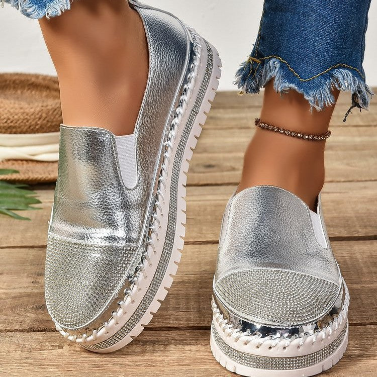 Women's Slip-On Platform Sneakers with Glitter-Embellished Toe Cap and Braided Sole Details Mune Fashion