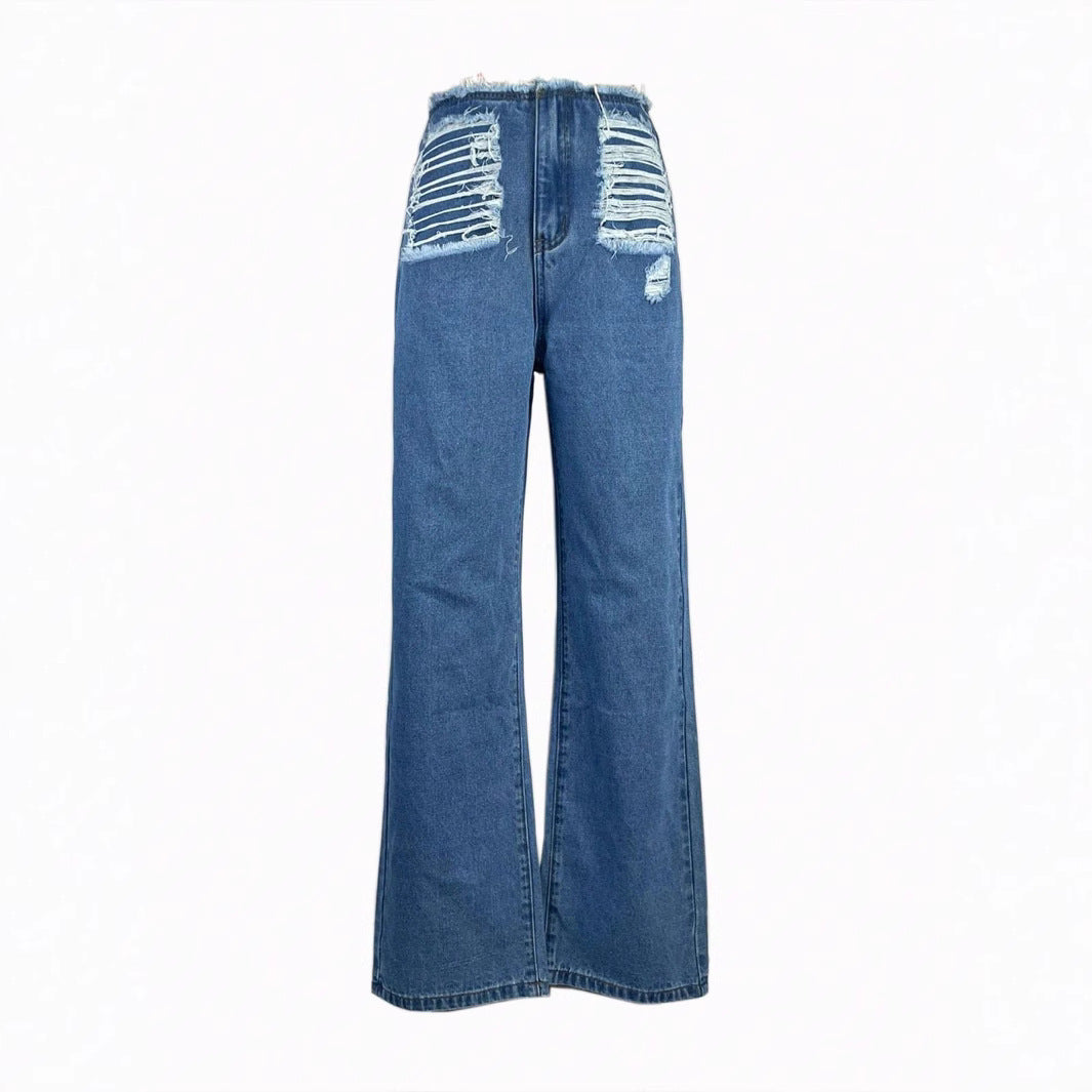 Women's high-cut wide denim jeans with heavily distressed front and raw waistband Mune Fashion