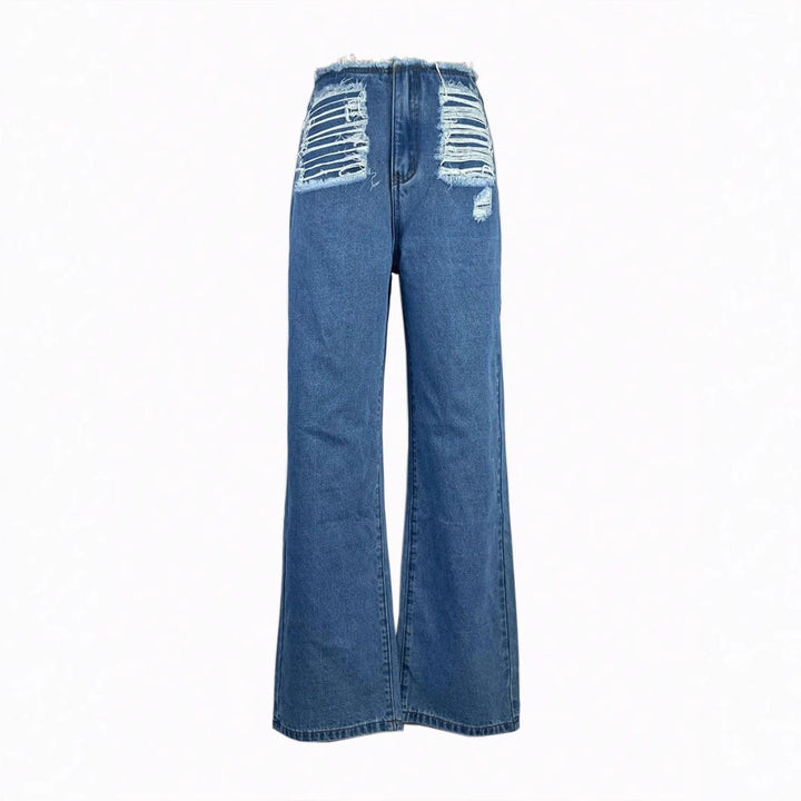 Women's high-cut wide denim jeans with heavily distressed front and raw waistband Mune Fashion