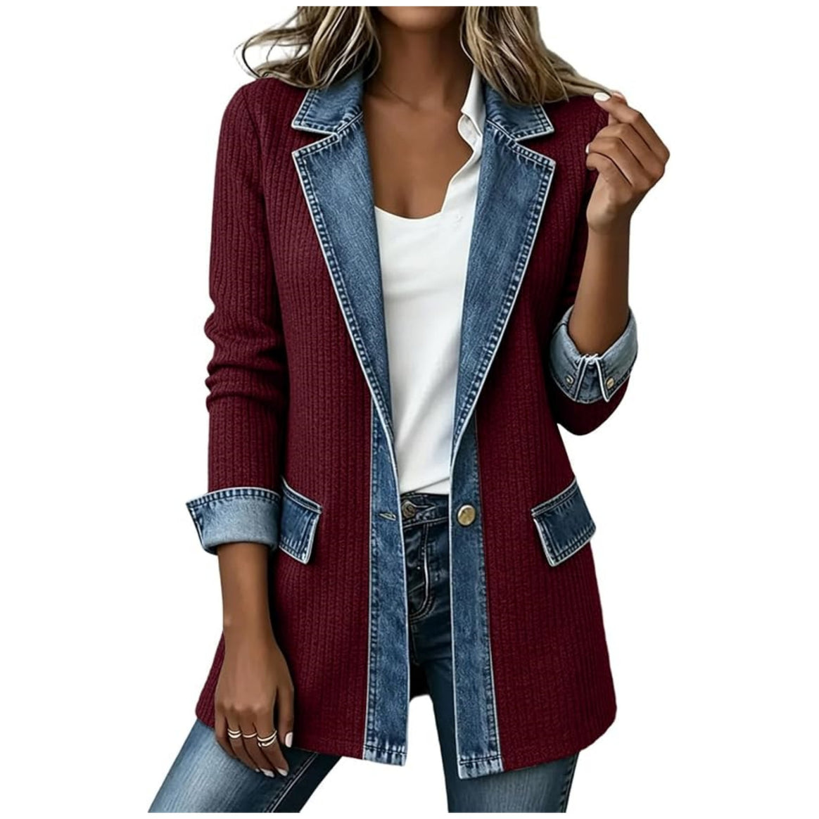 Ladies' knit blazer with denim trim and lapel collar Mune Fashion