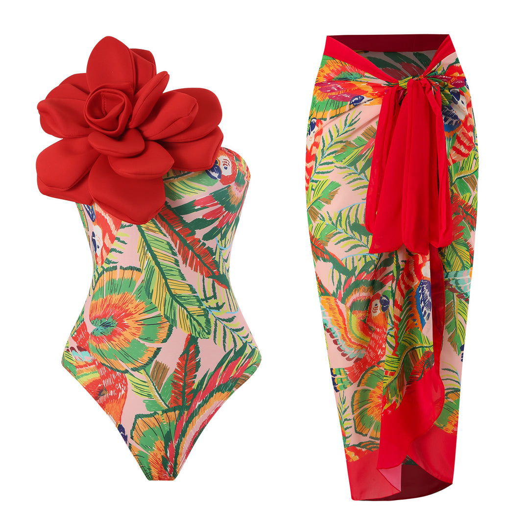 Ladies Elegant Swimsuit with Large Floral Detail and Transparent Overlay Mune Fashion