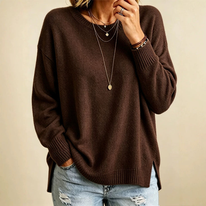 Women Loose Fit Round Neck Fine Knit Sweater with Side Slits and Ribbed Cuffs Mune Fashion