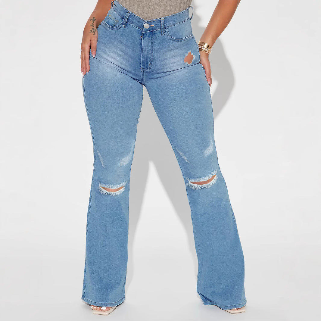 Women's High-Waist Flared Jeans with sculpting waistband and subtle knee rips Mune Fashion