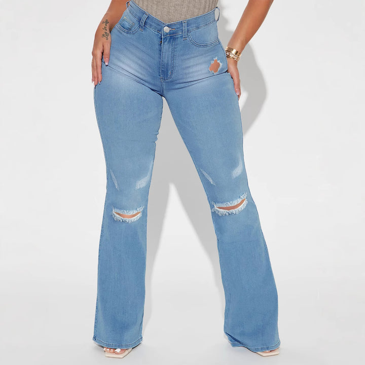 Women's High-Waist Flared Jeans with sculpting waistband and subtle knee rips Mune Fashion