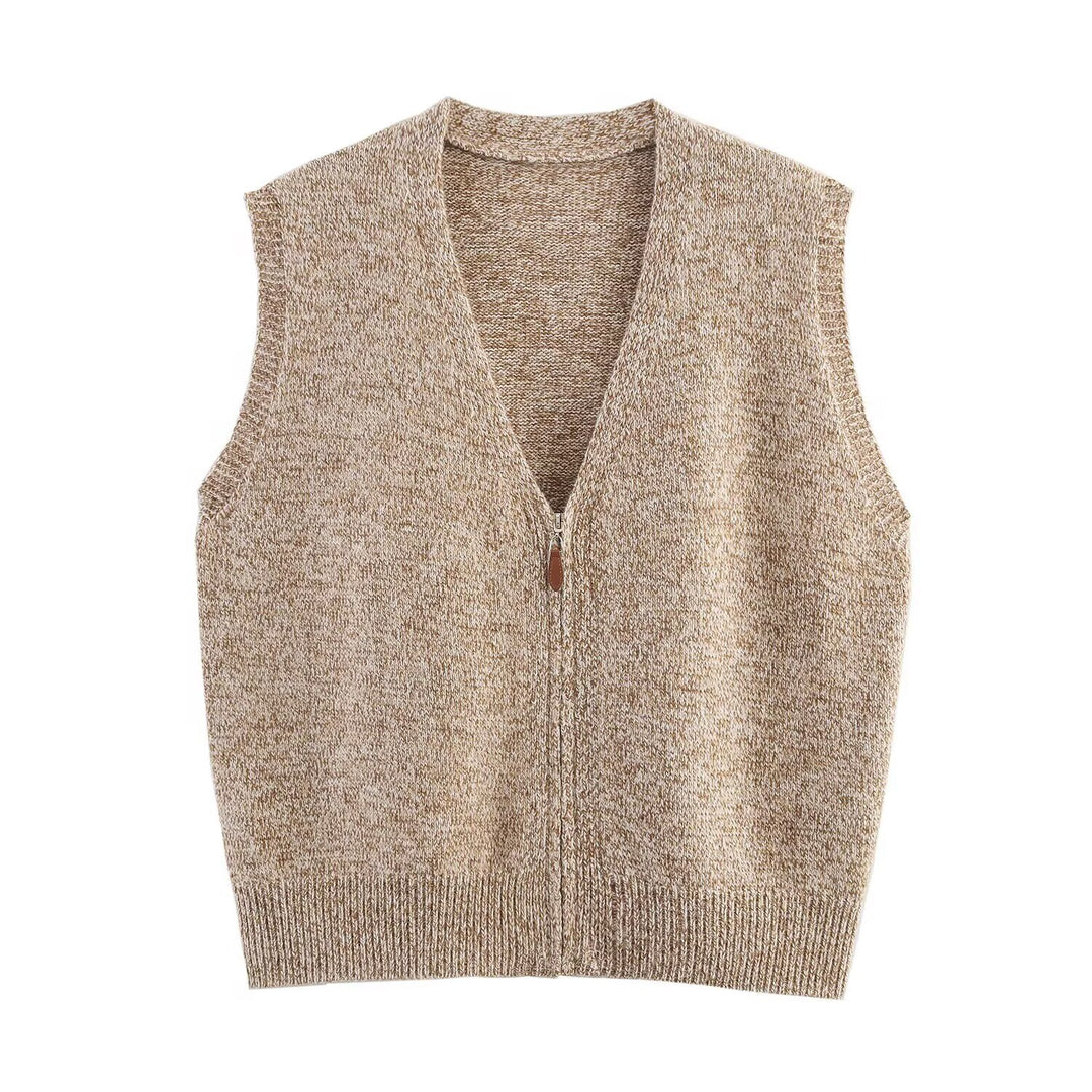 Women's knitted vest with full-length zipper and V-neck Mune Fashion