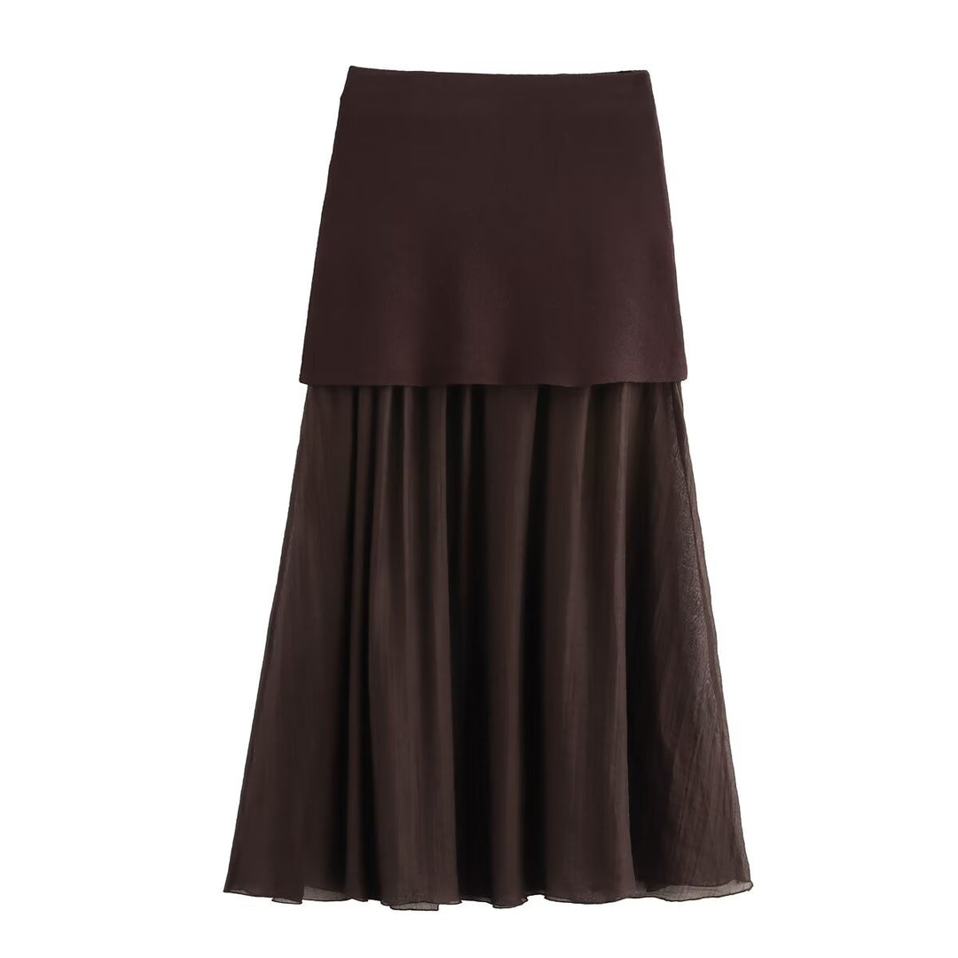 Women Two-Layer Chiffon Maxi Skirt with Smooth Hip Yoke and A-Line Fall Mune Fashion