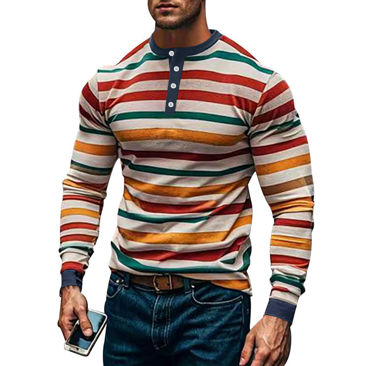 Men's striped long-sleeve Henley shirt with stand-up collar and button placket Mune Fashion