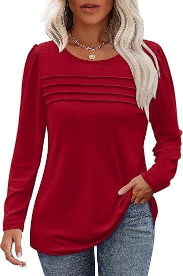 Women Fine Long Sleeve Shirt with Round Neck, Decorative Darts and Slightly Fitted A-Line Mune Fashion