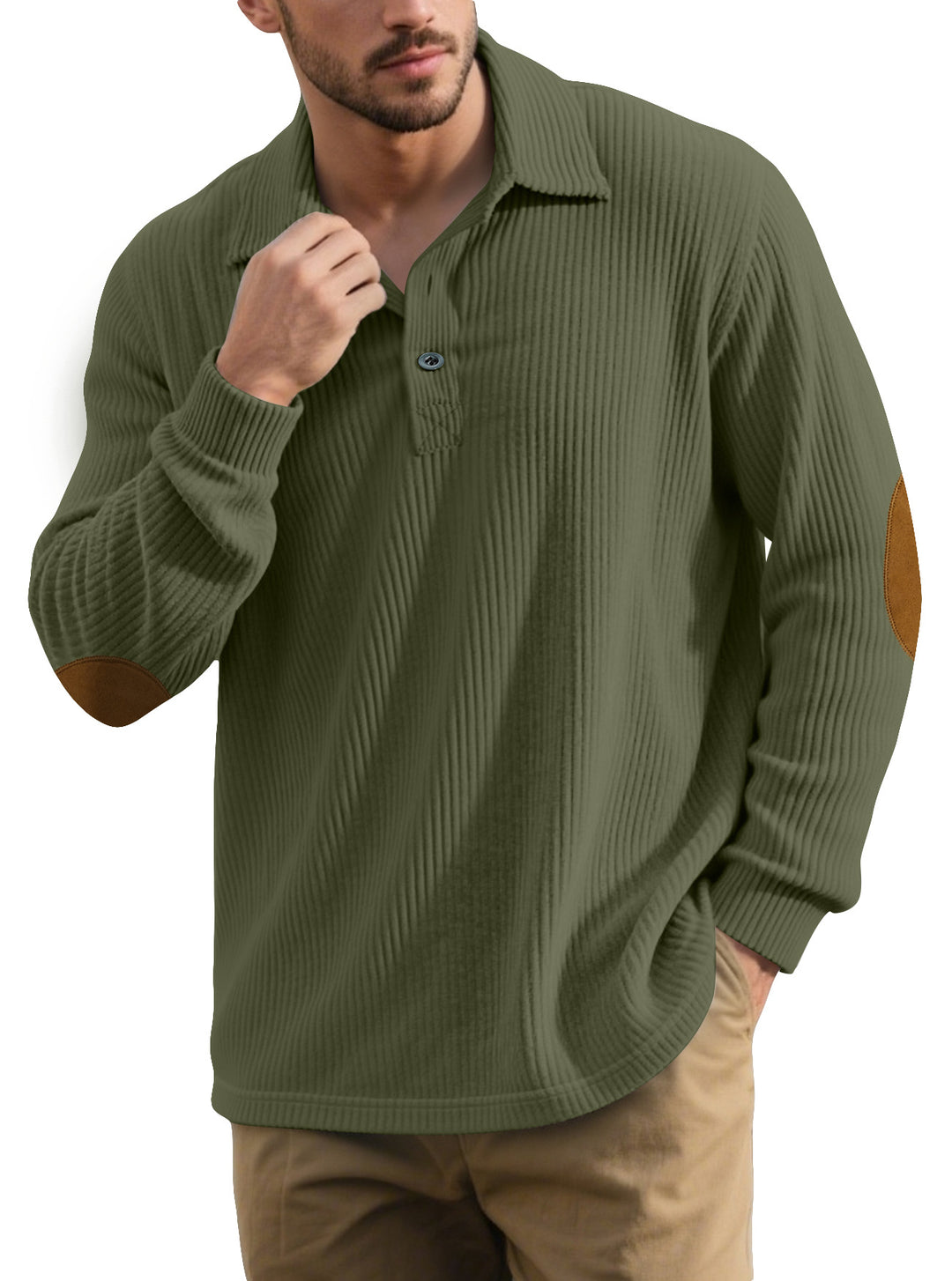 Men's ribbed casual polo with kent collar, short button placket and velour elbow patches Mune Fashion
