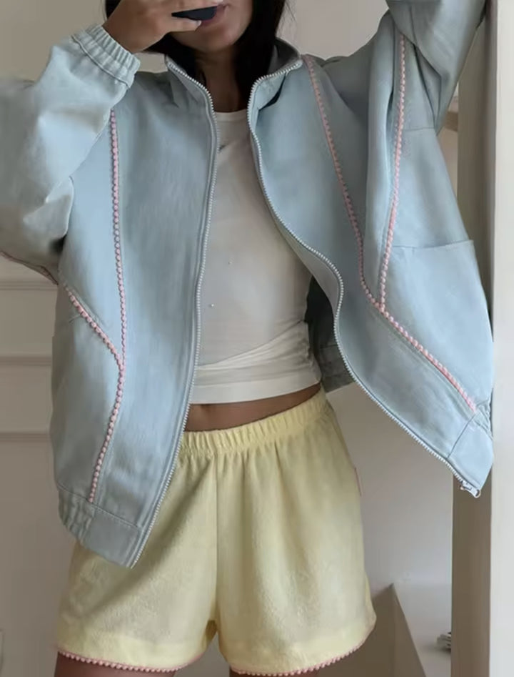 Women's Lightweight Cropped Bomber Jacket with Decorative Trims, Elastic Cuffs and Full-Length Zipper Mune Fashion