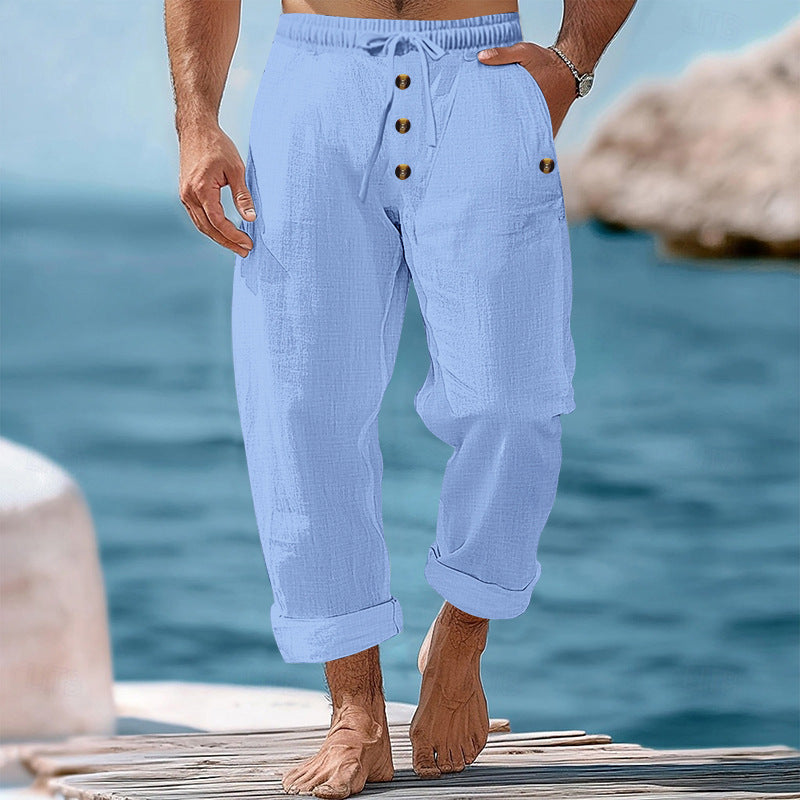 Men's casual linen-cotton pants with elastic waistband, drawstring, and rolled-up hem Mune Fashion