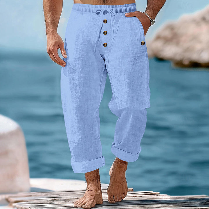 Men's casual linen-cotton pants with elastic waistband, drawstring, and rolled-up hem Mune Fashion