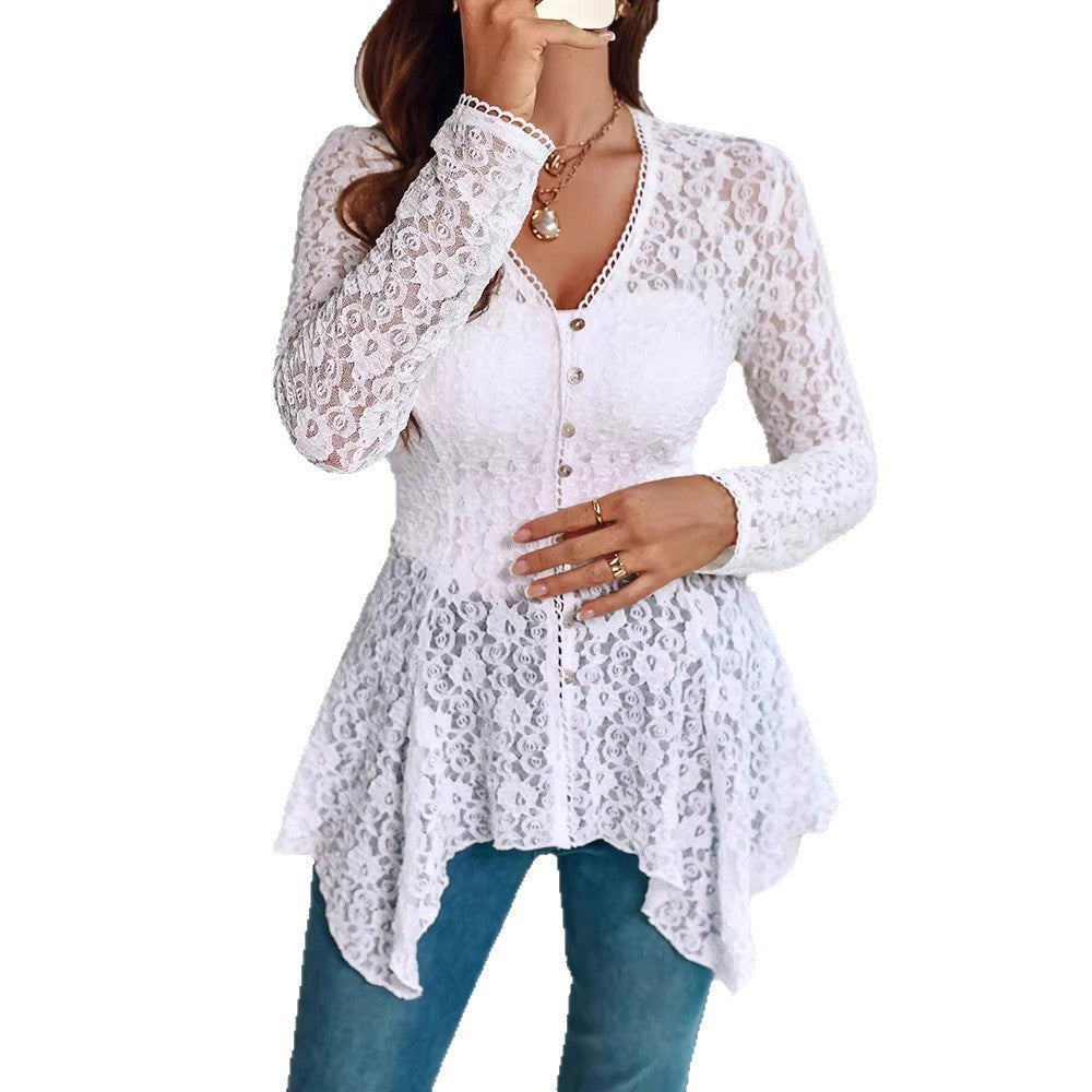 Women's lace blouse with tailored cut, button placket and asymmetrical peplum drape