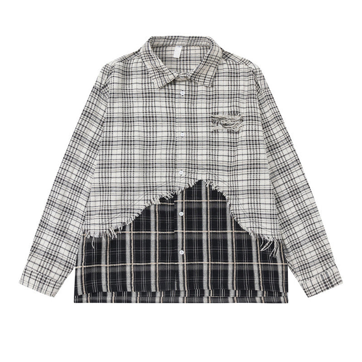 Unisex Oversized Shirt Jacket with Layered Look, Frayed Hem and Check Mix Mune Fashion