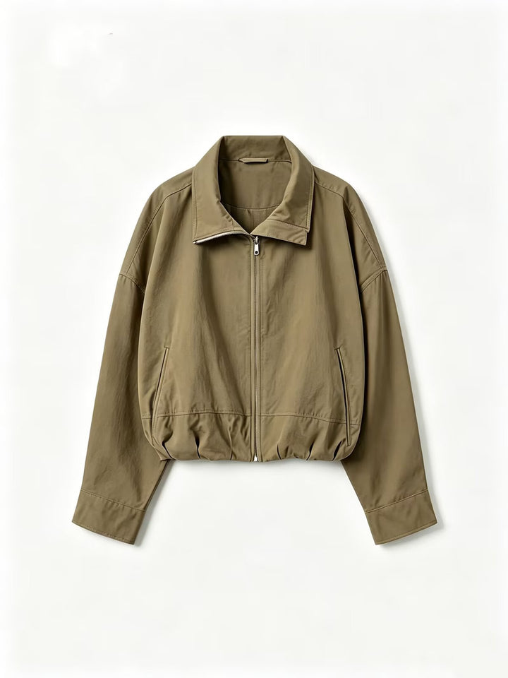 Women's Lightweight Short Bomber Jacket with Stand-up Collar, Drawstring Waist and Concealed Zipper Mune Fashion