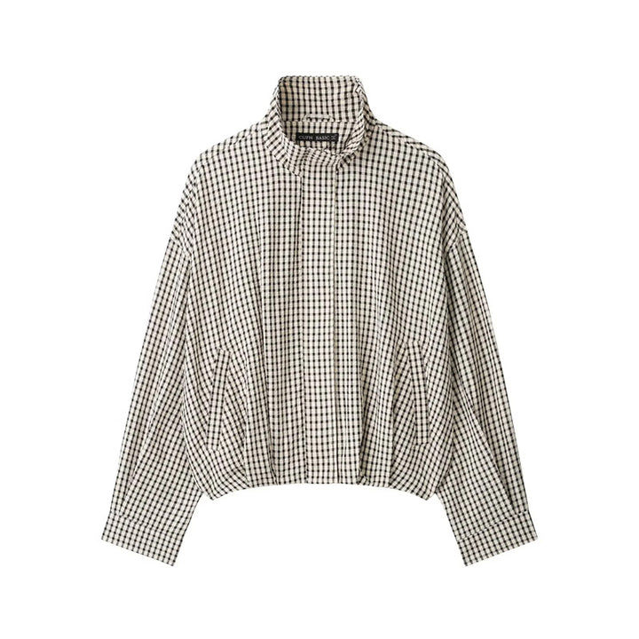 Women's short cropped checkered blouson jacket with stand-up collar, elastic hem and hidden zipper Mune Fashion