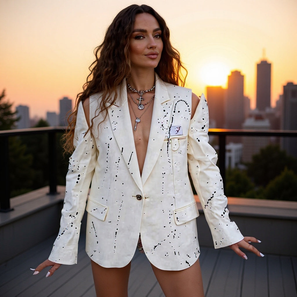 Women's Oversize Blazer with Cut-Out Shoulders and Paint Splatter Look Mune Fashion